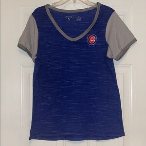 Chicago Cubs V-Neck Women's Tee XL Heather Blue/Gray Contrast Sleeve Baseball